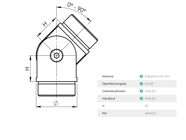 Edelstahl V2A Gelenkverbinder 48,3x2,0 mm 0-90 Grad regulierbar geschliffen K320